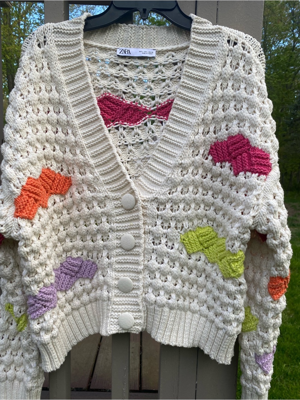 Zara Cream Crochet Cardigan with Pink, Orange, Lime and Lavender Accents
